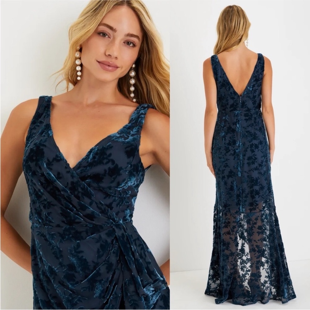 Teal Blue Floral Velvet Chiffon Ruffled Low-Back Maxi Dress 🌿 - Picture 3 of 8
